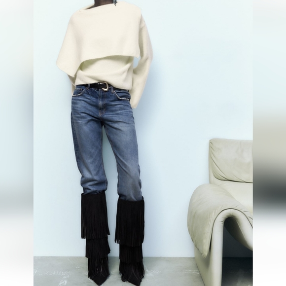 Zara FRINGED HEELED LEATHER KNEE HIGH BOOTS bloggers favorite - Picture 8 of 12